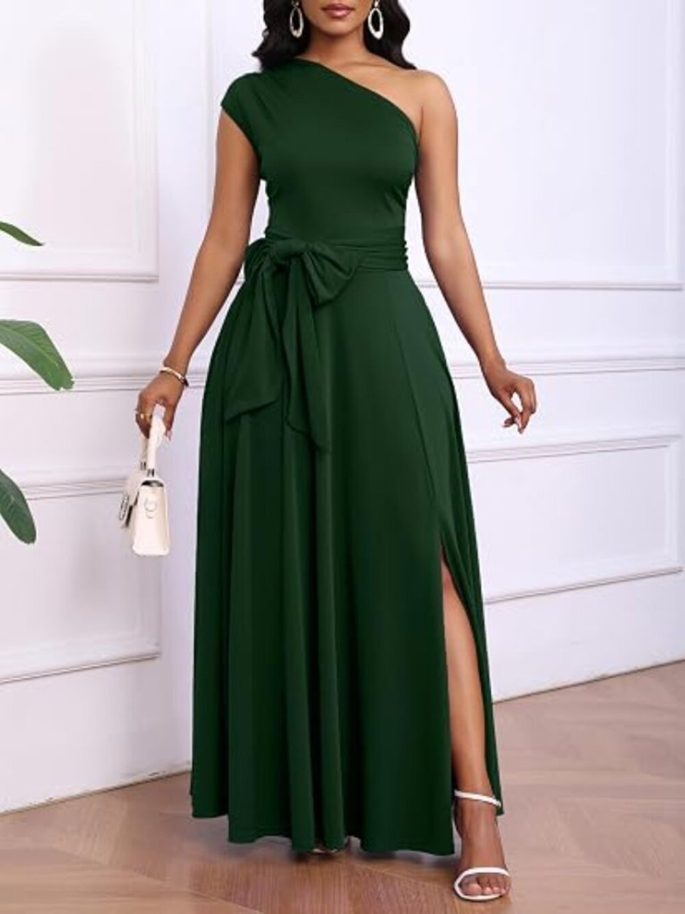 Women's Green Formal Wedding Flattering A-line One Shoulder Belted Maxi Dress